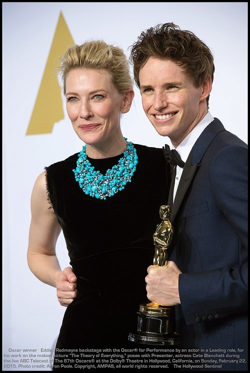 Presenter, Cate Blanchett poses with Eddie Redmayne backstage with the Oscar® for Performance by an actor in a Leading role, for work on “The Theory of Everything” during the live ABC Telecast of The 87th Oscars® at the Dolby® Theatre in Hollywood, CA on Sunday, February 22, 2015.