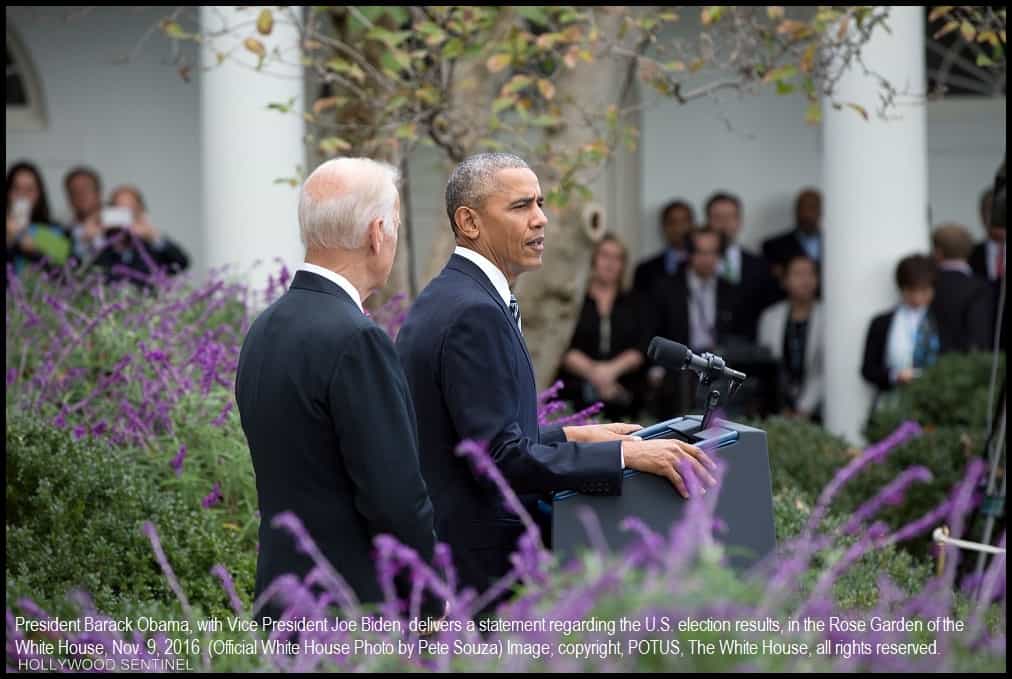 President Barack Obama, with Vice President Joe Biden, delivers a statement regarding the U.S. election results, in the Rose Garden of the White House, Nov. 9, 2016. (Official White House Photo by Pete Souza)TheNTI