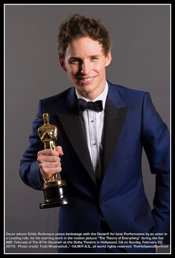 Eddie Redmayne poses backstage with the Oscar® for Performance by an actor in a Leading role, for work on “The Theory of Everything” during the live ABC Telecast of The 87th Oscars® at the Dolby® Theatre in Hollywood, CA on Sunday, February 22, 2015.
