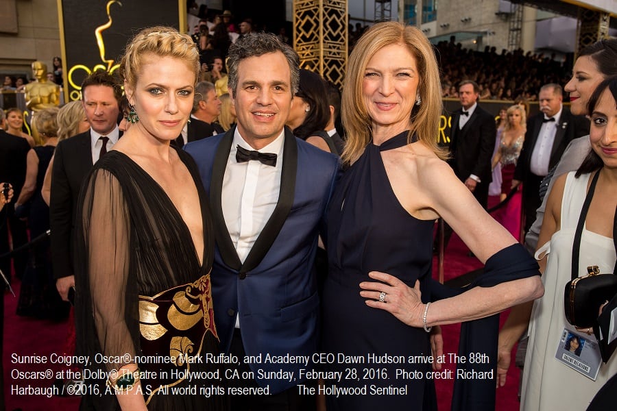 Sunrise Coigney, Oscar®-nominee Mark Ruffalo, and Academy CEO Dawn Hudson arrive at The 88th Oscars® at the Dolby® Theatre in Hollywood, CA on Sunday, February 28, 2016.