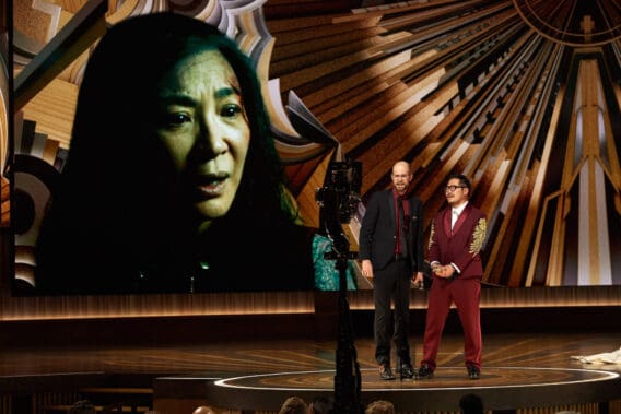 Daniel Scheinert and Daniel Quan accept the Oscar® for Original Screenplay during the live ABC telecast of the 95th Oscars® at the Dolby® Theatre at Ovation Hollywood on Sunday, March 12, 2023.
