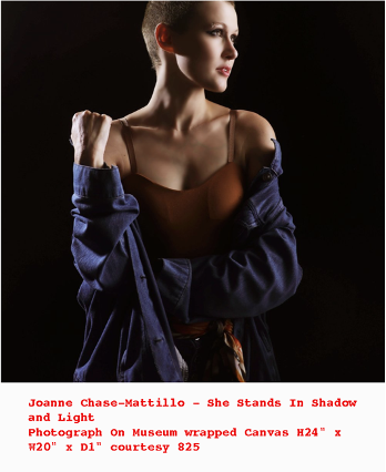 A hyper-realist painting by Joanne Chase Matillo titled She Stands in Shadow and Light. The woman is attractive, nearly bald, around 27, wearing brown crop top showing a part of her bust, covered by a blue shirt, off of her shoulders. 