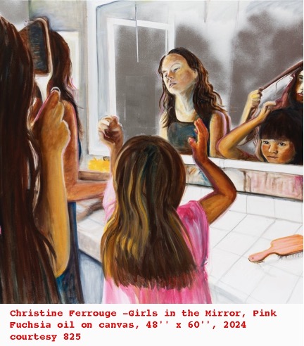 Three girls, one around 6, another around 13, and another who we can only see the side of her head, all with long hair, looking into a mirror in a bathroom, brushing their hair and looking at themselves in the mirror. 