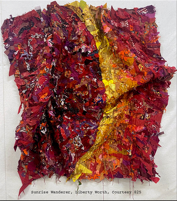 Liberty Worth fine art, a modern art image of a multi-colored object that appears to be textured fabric, with beautiful patters of layered red, maroon, yellow, orange, and burgundy. 